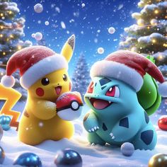 pikachu and pokemon in the snow with christmas decorations