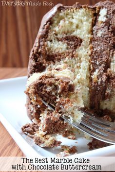 a piece of chocolate marble cake on a white plate with a fork in it and text overlay that reads, the best marble cake with chocolate buttercream