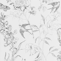 a black and white drawing of birds flying over flowers