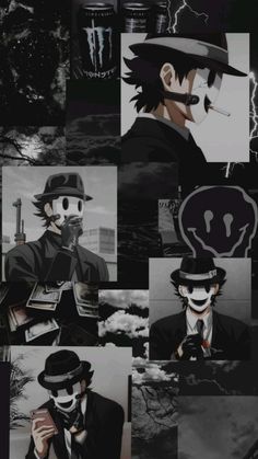 a collage of black and white images with the same character