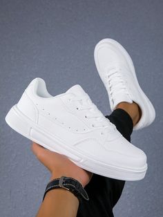 Men New Trendy White Sneakers Casual Lace-Up Lightweight Breathable Vulcanized Shoes For Work And Leisure White     Plain    Men Shoes, size features are:Bust: ,Length: ,Sleeve Length: Couple Style Casual, Trendy White Sneakers, Long White Socks, Shoes For Work, Sneakers Trendy, Color Borgoña, Couple Style, Women Crew Socks, Fashion Couple