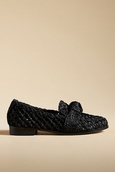 Raffia upper Leather insole Rubber sole Slip-on styling Imported | Woven Loafers by Bibi Lou in Black, Women's, Size: 38, Leather/Rubber at Anthropologie Flats With Woven Sole And Round Toe For Work, Round Toe Flats With Woven Sole For Workwear, Workwear Flats With Woven Sole And Round Toe, Spring Woven Leather Flats With Round Toe, Woven Leather Slip-on Loafers With Round Toe, Formal Closed Toe Flats With Woven Sole, Spring Woven Leather Loafers, Black Woven Leather Loafers With Round Toe, Formal Woven Leather Flats With Round Toe