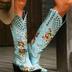 New Flower Embroidered Studded Turquoise Western Cowboy Boots - Eye-Catching Design: Adorned With Vibrant Flower Embroidery And Studded Accents For A Bold, Fashionable Statement. - Striking Color: The Stunning Light Turquoise Hue Adds A Pop Of Color To Any Outfit, Perfect For Making A Statement. - Versatile Style: Ideal For Pairing With Jeans, Skirts, Or Dresses, Making Them Suitable For Various Occasions. - Features A Traditional Silhouette With A Modern Twist, Combining Heritage With Contempor Embroidered Boots For Spring Festivals, Spring Festival Embroidered Boots, Blue Western Boots For Summer, Floral Embroidered Boots For Spring Festival, Floral Embroidery Boots For Spring Festival, Multicolor Western Boots For Spring, Western Turquoise Boots For Spring, Turquoise Western Boots For Spring, Bohemian Style Boots For Spring