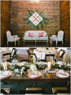 the reception table is set up with flowers and greenery