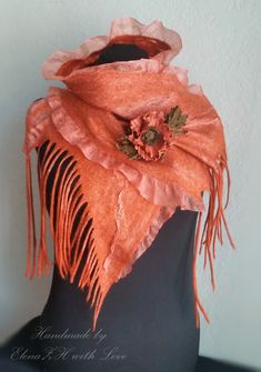 Felted scarf wiht silk. orange. natural merino. by FlowDream Felting Scarf, Felted Art, Felting Ideas, Nuno Felt Scarf, Orange Scarf, Felted Scarf, Scarf Silk, Felted Scarves, Leather Flowers