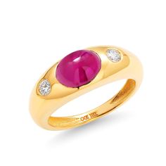 Introducing the "Cabochon Burma Ruby Diamond 2.30 Carat 18 Karat Yellow Gold Ring" - an exquisite piece of jewelry that exudes luxury and timeless elegance. This stunning gypsy ring is designed to capture hearts and turn heads, making it a perfect addition to your fine jewelry collection. Burma Ruby Cabochon: The centerpiece of this ring is a 2.10 carat Burma Ruby cabochon. Known for its deep red color and exceptional quality, this ruby is a true symbol of passion and love. Brilliant Diamonds: T Luxury Hallmarked Oval Cabochon Sapphire Ring, Luxury Ruby Ring With Cabochon Cut, Luxury Oval Cabochon Ruby Ring, Formal Fine Jewelry Signet Ring With Cabochon, Formal Cabochon Signet Ring, Luxury Ruby Cabochon Diamond Ring, Luxury Yellow Gold Ruby Ring With Center Stone, Luxury Cabochon Diamond Ring For Formal Occasions, Luxury Formal Cabochon Diamond Ring