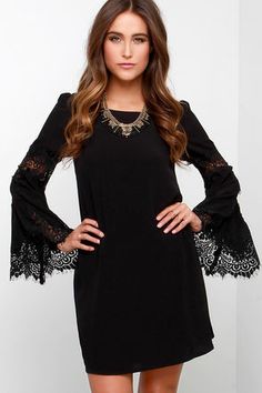 Jolly-Well Black Lace Swing Dress at Lulus.com! Black Winter Dresses For Day Out, Black Dress For Brunch In Fall, Black Dress For Fall Brunch, Black Dresses For Winter Day Out, Black Dress For Day Out In Winter, Black Winter Day Out Dresses, Fall Dressy Dresses For Going Out, Dressy Fall Going-out Dresses, Dressy Fall Dresses For Going Out