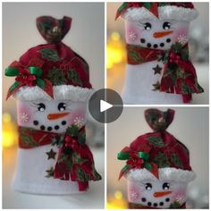 four different shots of a snowman wearing a santa hat