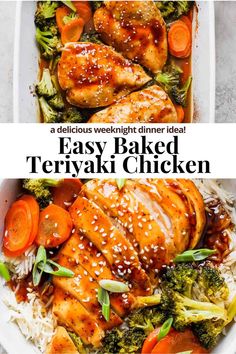 two photos with the words easy baked teriyaki chicken and broccoli in it