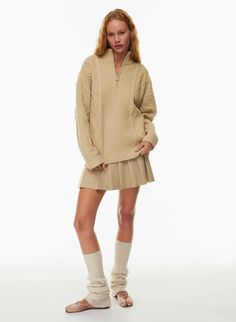 Sunday Best PEGGY TURTLENECK ¼ ZIP SWEATER | Aritzia US Effortless Fall Outfits, What To Wear Fall, Outfit Combos, Mockneck Sweater, 1/4 Zip Sweater, Organic Cotton Yarn, Cable Stitch, Chunky Cardigan, Plaid Coat