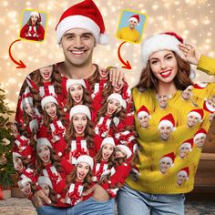 a man and woman wearing ugly ugly christmas sweaters with santa hats on their heads