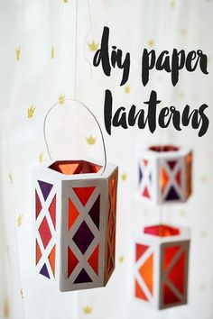 paper lanterns hanging from strings with the words diy paper lanterners above them on a white background