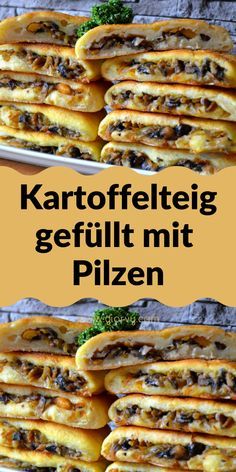 two plates filled with different types of food and the words kartoffeleig gefultt mit pizen