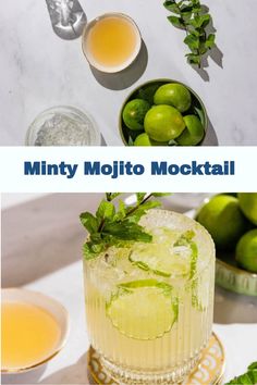 minty mojito mocko cocktail with limes and mint on the side