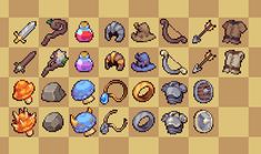 an image of some pixel style items on a chess board