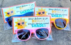 three sunglasses with the words bright shades on them