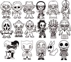 cartoon characters drawn in black and white on a white background, each with different faces