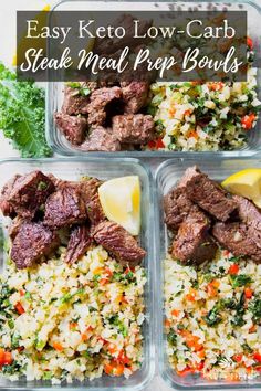 four plastic containers filled with rice, meat and veggies next to lemon wedges