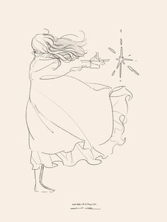 a drawing of a woman in a flowing dress with her arms spread out, holding a star above her head