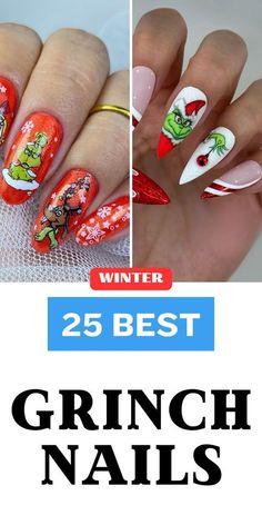 Christmas Nail Ideas For Kids, Grinch Nails Acrylic, Christmas Grinch Nails, Grinch Nail Designs, Cute Christmas Nail Ideas, Grinch Nails, Penguin Nails, Oval Shaped Nails, Natural Nail Art