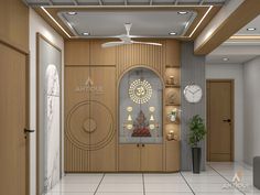 the interior of an apartment with white tile flooring and wood paneled walls, decorated with clocks