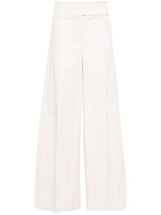 beige stretch-cotton poplin texture belt loops pleat detailing two diagonal pockets to the sides two rear welt pockets pressed crease wide leg concealed front button, hook and zip fastening Elegant Wide Leg Cotton Pants, Modern Cotton Wide Leg Formal Pants, Chic Wide Leg Cotton Culottes, Elegant High-waisted Wide Leg Cotton Pants, Chic Beige Wide Leg Cotton Pants, Elegant High Waist Wide Leg Cotton Pants, Ankle-length Neutral Wide Leg Cotton Pants, Cotton Straight Leg Culottes For Work, Beige Cotton Wide Leg Pants With Belt Loops