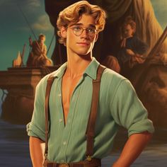 a painting of a man with glasses and suspenders standing in front of a boat