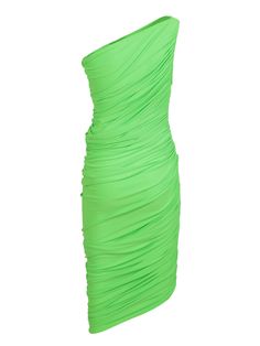 One shoulder.Knee length.Asymmetrical hem. Color: Neon green Material: 95% Polyester, 5% SpandexComposition: 95% Polyester, 5% Spandex Neon Green Dresses, Norma Kamali Dress, Innovative Fashion, Norma Kamali, Green Midi Dress, Asymmetrical Hem, Neon Green, Asymmetric Hem, Luxury Boutique