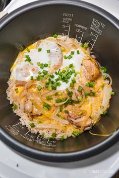 the food is being cooked in the pot on the stove top with some green onions