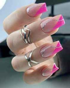 Pink Tip Nails, Pink French Nails, French Tip Nail Designs, Silver Nail, Work Nails, Nails Diy, Diy Spring, Acrylic Nails Coffin Short, Short Acrylic Nails Designs