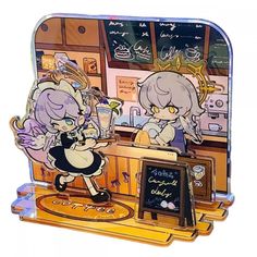 two anime characters are standing in front of a counter with a chalkboard on it