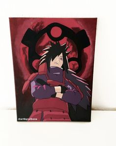 an anime character is standing in front of a red background with black and purple accents