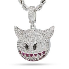 Our classic devil emoji is now available as a stainless steel King Ice necklace. Each necklace is iced with colored round and trillion cut VVS Diamond Simulates to detail the infamous emoji expression. Available in 14K Gold Plating or White Gold plating Small Size: Paired with a 4mm 20" Rope Chain Medium Size: Paired with a 4mm 24" Rope Chain Devil Emoji, Ice Necklace, Vvs Diamond, Stone Cuts, Infamous, Rope Chain, Stone Settings, Gold Plating, Custom Jewelry