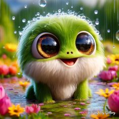 an adorable little green creature with big eyes in the water surrounded by flowers and raindrops