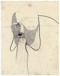 a drawing of a man's face with long hair and glasses on his head