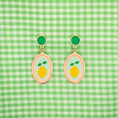 Hard Enamel drop statement earrings featuring strawberry and orange illustrations. With studs or hooks. 22K gold-plated brass charms. Cute and whimsical earrings! Half Moon Earrings, Enamel Stud Earrings, Oval Stud Earrings, Vintage Inspired Jewelry, Oval Earrings, Art Deco Necklace, Clay Jewelry Diy, Statement Drop Earrings, Oval Earring