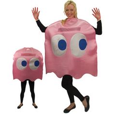 a woman in a pink pacman costume is holding her hands out to the side