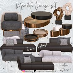 a collage of furniture and decor items with the words mosaic lounge set on it