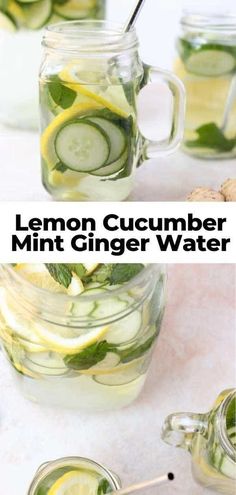 lemon cucumber mint ginger water in mason jars