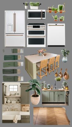 a collage of kitchen and dining room items with plants in pots on the counter