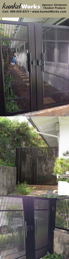 two pictures of an iron gate and some plants on the ground in front of it