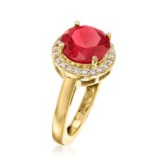 Ross-Simons - 3.40ct Simulated Ruby, .33ct t. w. Cubic Zirconia Ring Over Sterling. Size 9. Get the look of real ruby for less! This ring features a gorgeous 3.40 carat round simulated ruby framed by .33 ct. t. w. round brilliant-cut CZs in polished 18kt yellow gold over sterling silver. 1/2" wide. CZ and simulated ruby ring. CZ weights are diamond equivalents. Ruby birthstones are the perfect gift for July birthdays. Ruby Birthstone, July Birthday, Cubic Zirconia Rings, Cz Ring, Ruby Ring, Get The Look, Round Brilliant, Cubic Zirconia, Ruby