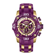 This impressive Invicta Pro Diver watch features a precise Quartz movement as well as a gold case. Its purple, gold, glass fiber, metal dial is enclosed by a highly protective Flame Fusion Crystal. This watch is finished by a strong purple, gold, band, and it offers 100 m water resistance. Plunge into any horizon using the steadfast guidance of the Invicta Pro Diver. Stylishly classic, internal workings are forged with variations of bold movements. Built with confident prowess, the fortitude with which these timepieces function makes the Pro Diver the quintessential in performance.Building each timepiece for the fierce of heart, Invicta watches are an exemplary demonstration of versatility, setting a precedent for braving the most adventurous of activities. Here at Invicta Stores, we pride Purple Quartz Watch Accessory With Round Dial, Purple Chronograph Watch Accessories With Round Dial, Modern Purple Watch With Round Dial, Purple Analog Watch, Modern Gold Chronograph Watch With 10atm Water Resistance, Modern Gold Chronograph Watch With 10atm Resistance, Modern Gold Watch With 10atm Water Resistance, Invicta Pro Diver, Diver Watch