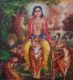 a painting of hindu god surrounded by tigers