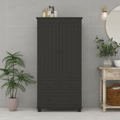 a tall black armoire next to a potted plant and mirror on the wall