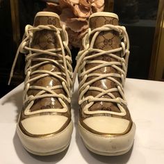 Preloved Gucci High Top Sneakers Size 36 Gucci Leather High-top Sneakers With Laces, Gucci Brown High-top Sneakers, Gucci High Top, Luxury Gucci High-top Sneakers With Embroidered Logo, Gucci Lace-up High-top Sneakers With Logo Detail, Gucci High-top Sneakers With Embroidered Logo, Gucci High Top Sneakers, Gucci High Tops, Gucci Shoes