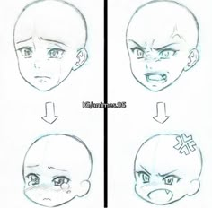 the stages of drawing anime characters with different expressions and facial expressions, including an angry man's head