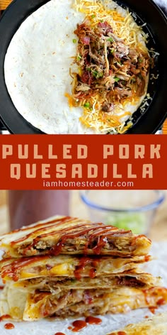 pulled pork quesadilla with cheese and salsa on the side, served in a cast iron skillet