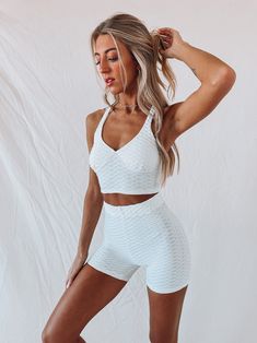 Features: Honeycomb print biker shorts with matching cropped tank Fabric: Lightweight breathable with stretch True to size Model is 5'9" wearing a small, size up for a more oversized fit Honeycomb Print, Biker Shorts, Crop Tank, Honeycomb, Fabric, How To Wear, White