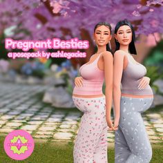 two pregnant women standing next to each other in front of a tree with pink flowers